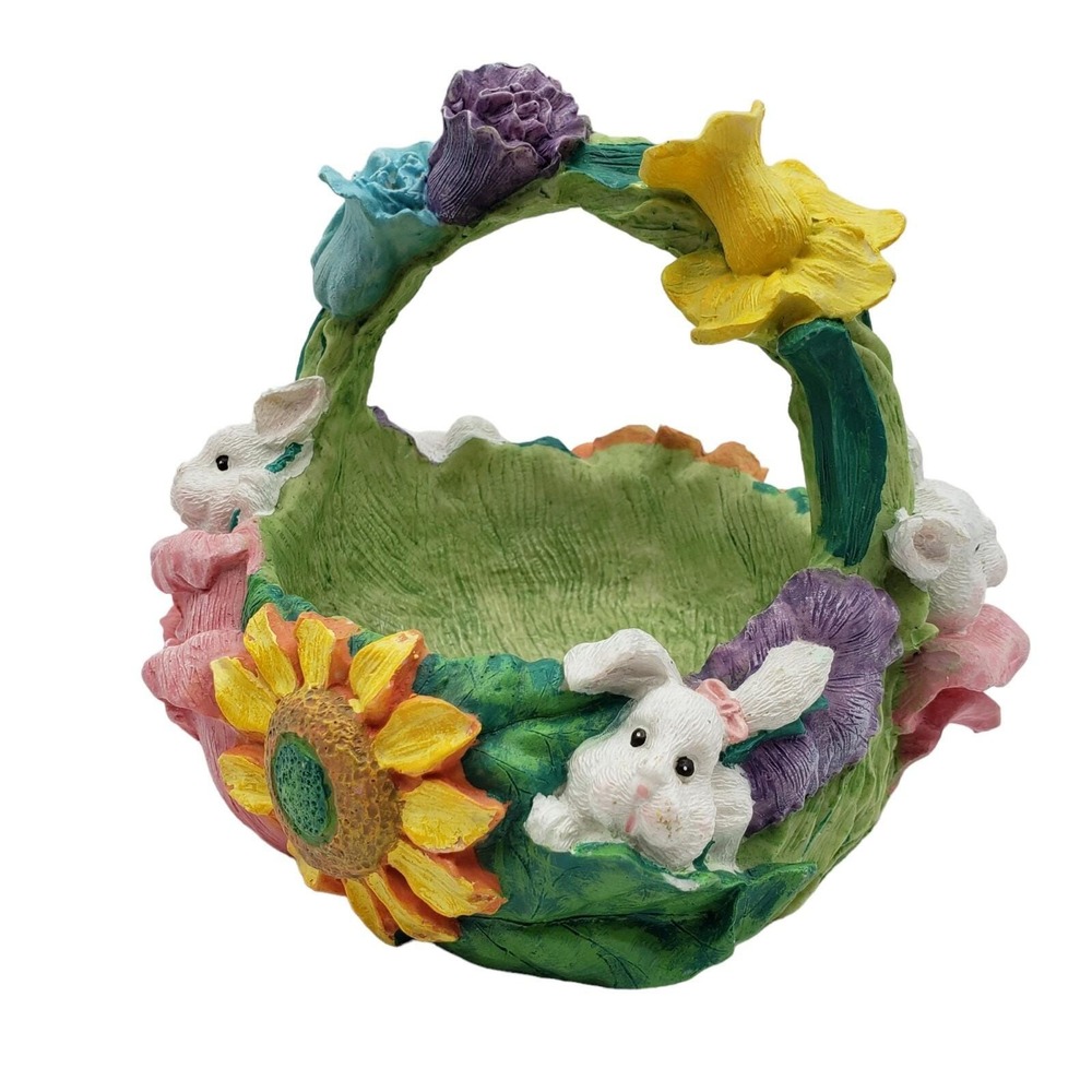 Vintage Resin Easter Bunny Basket with Flowers Sunflowers GREAT Details Colorful - Picture 5 of 9